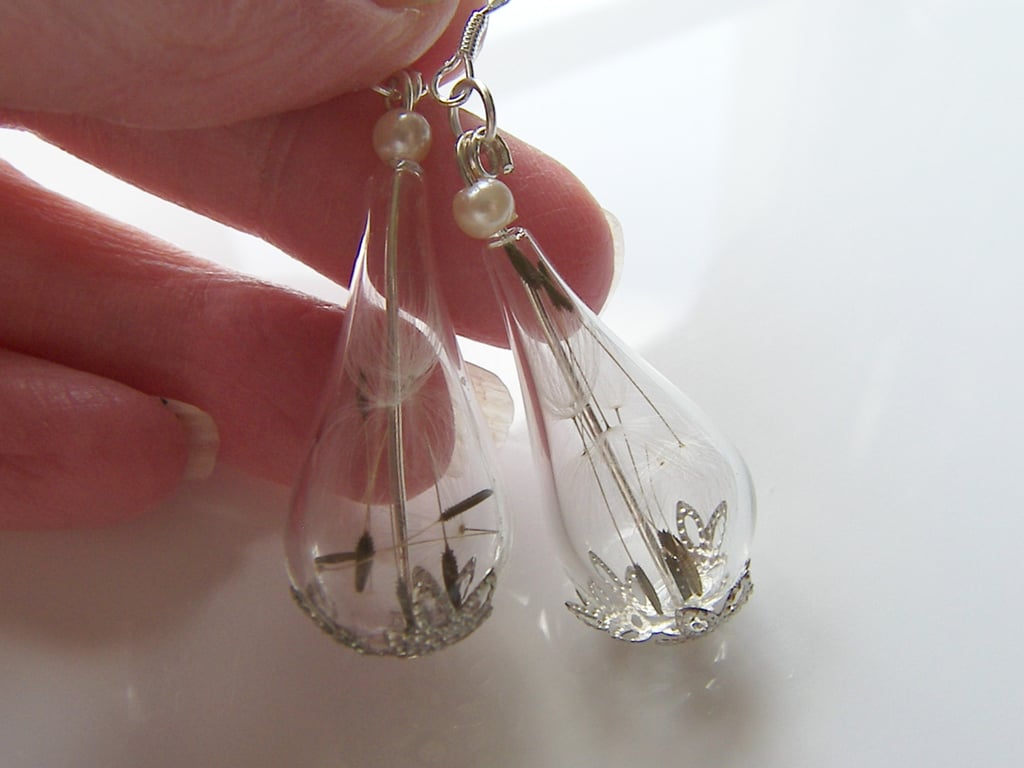 Real Dandelion Seeds Teardrop Earrings - MAKE A WISH