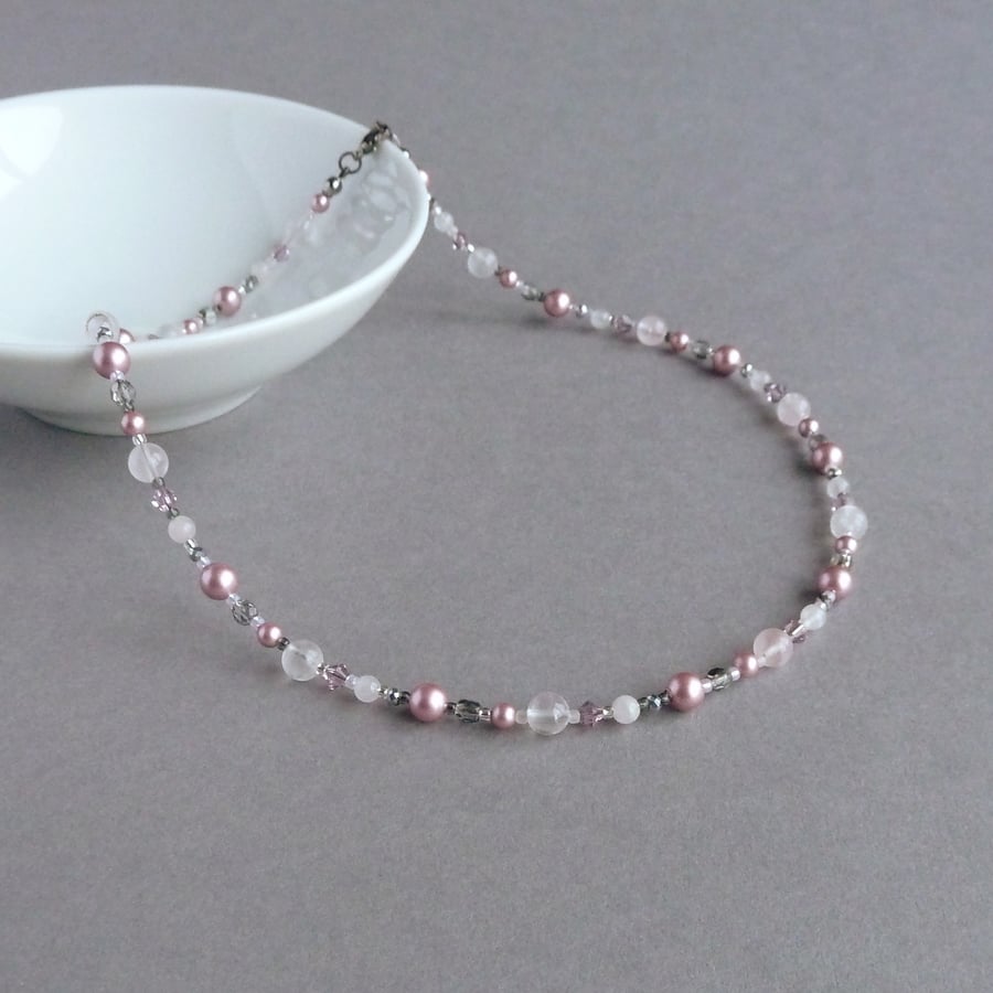 Dusky Pink Pearl Necklace - Tea Rose and Silver Mother of the Bride Jewellery