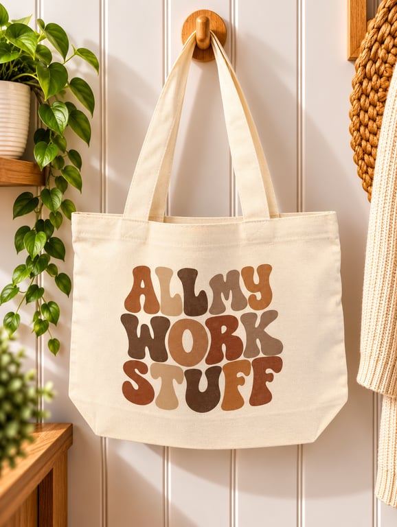 All My Work Stuff Tote Bag – Retro Brown & Beige Canvas Work Bag with Zip