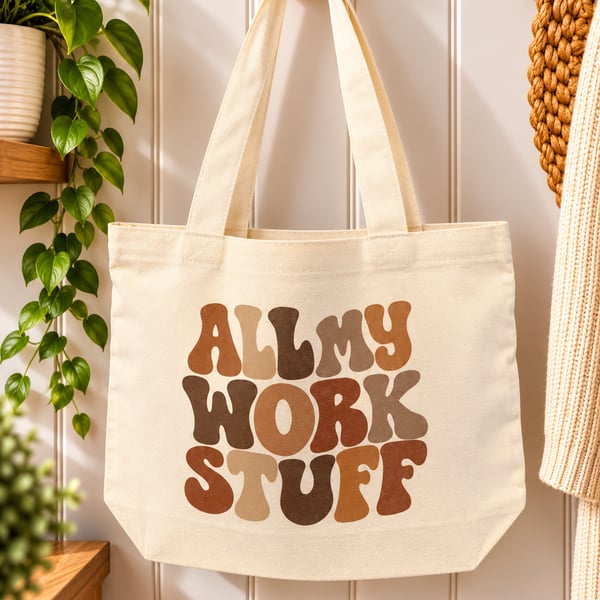 All My Work Stuff Tote Bag – Retro Brown & Beige Canvas Work Bag with Zip