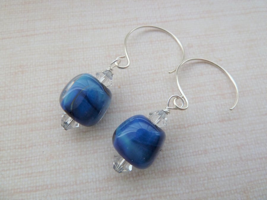 blue lampwork glass sterling silver earrings