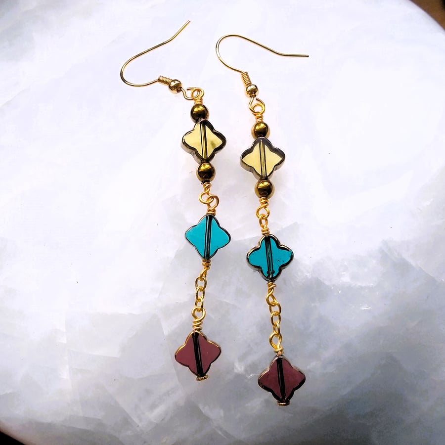 Four Leaf Clover Style Long Drop Gold Plate Earrings, Long Floral Earrings