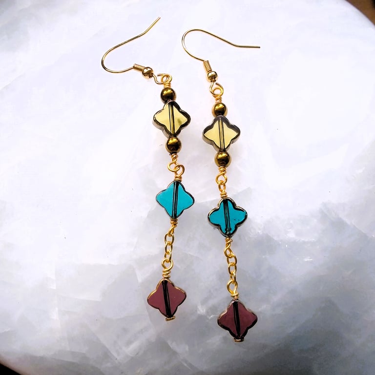 Four Leaf Clover Style Long Drop Gold Plate Earrings, Long Floral Earrings