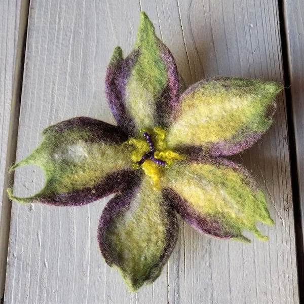 Felted flower brooch: merino wool and silk in light green, dark brown and purple