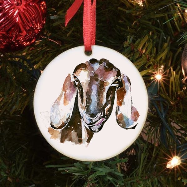 Nubian Goat II Ceramic Circle Tree Decoration. Nubian Goat Xmas Tree Decoration,