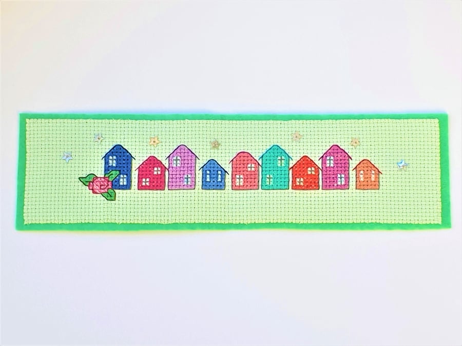 Colourful row of houses cross stitch bookmark