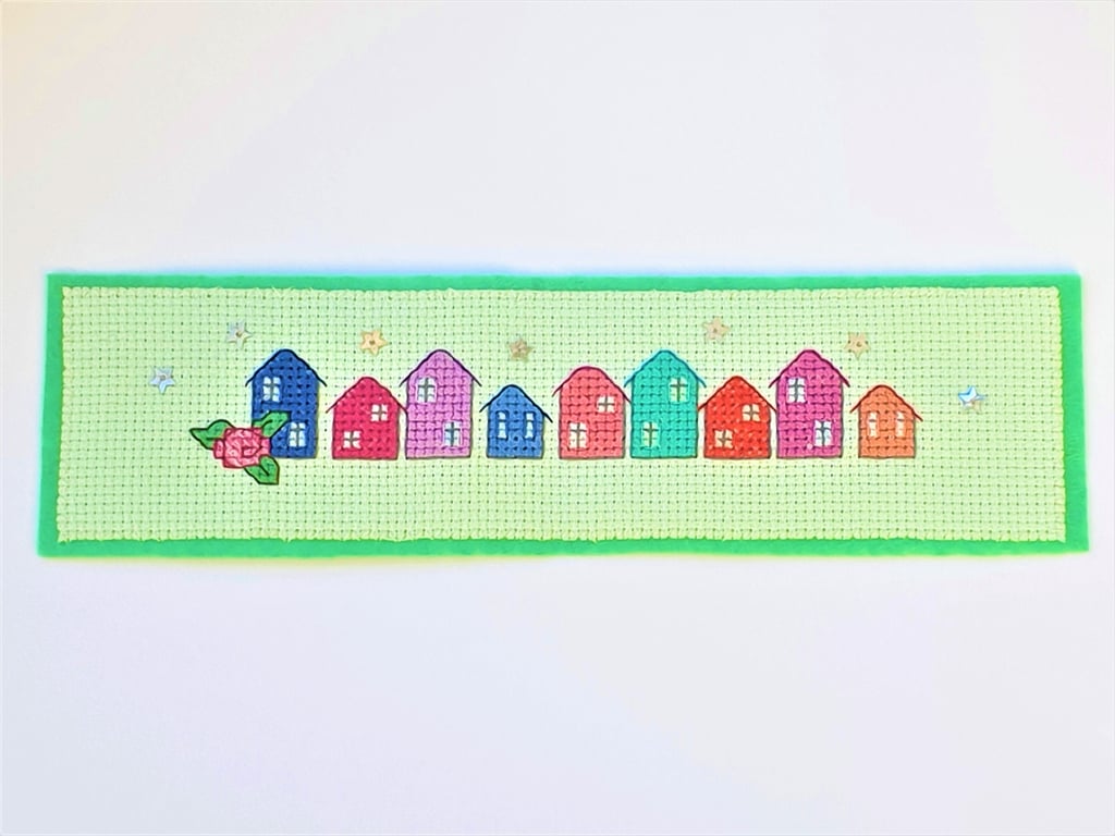 Colourful row of houses cross stitch bookmark