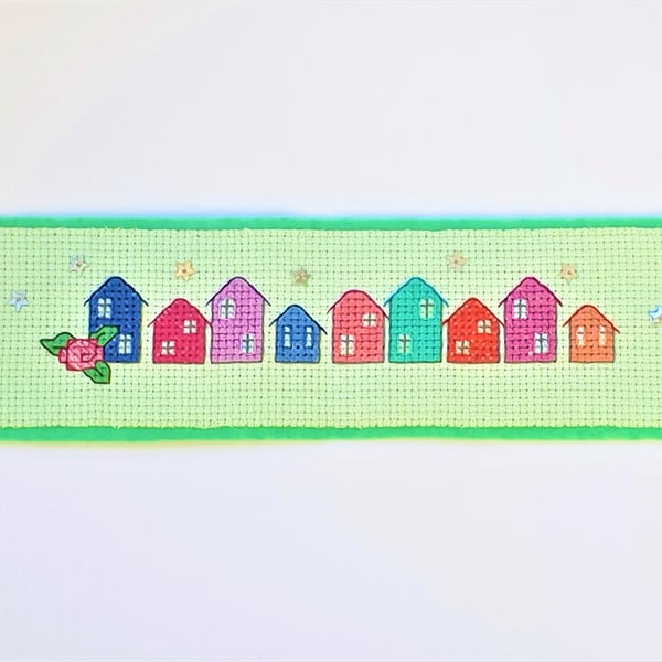 Colourful row of houses cross stitch bookmark