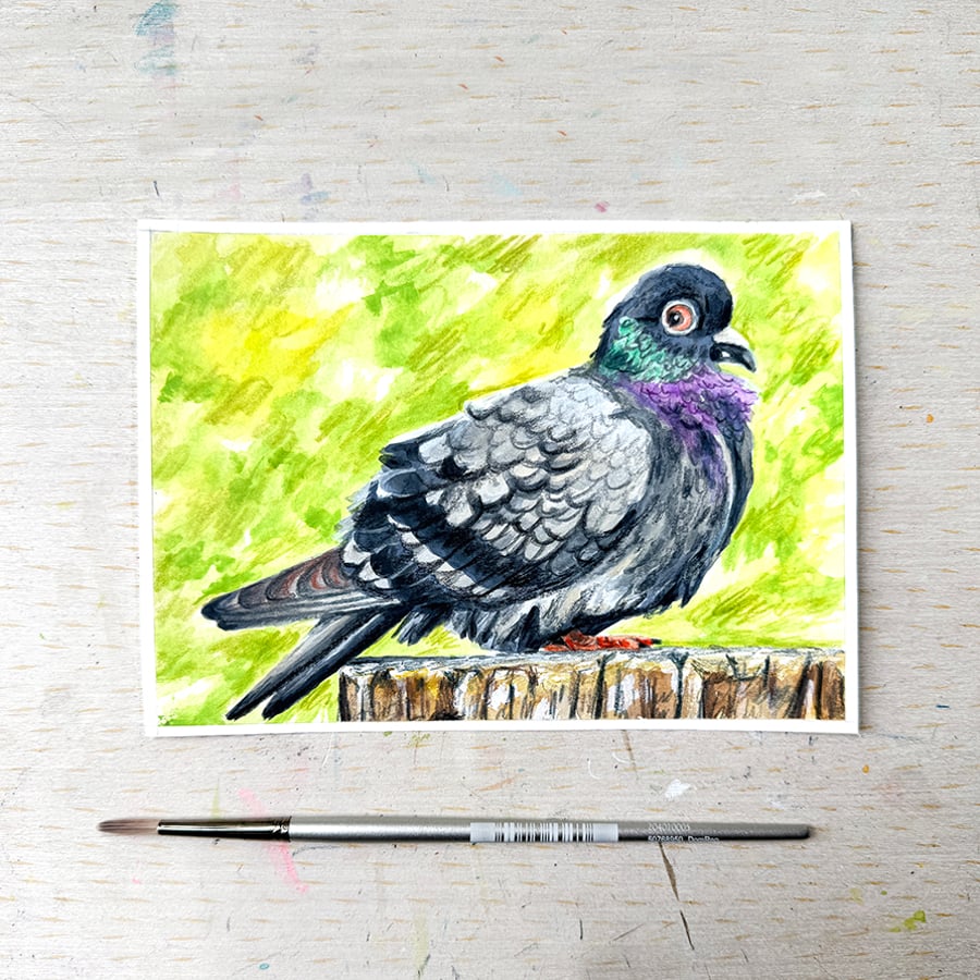 Original Fat Pigeon Painting - Bird Gouache Painting - One of a kind