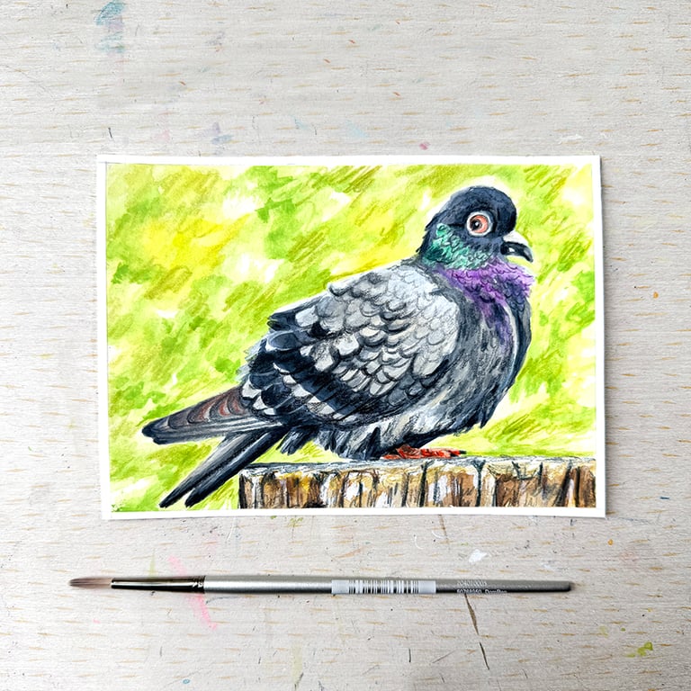 Original Fat Pigeon Painting - Bird Gouache Painting - One of a kind