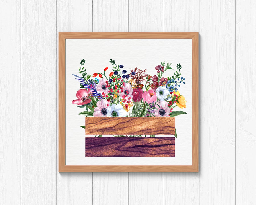 Vintage flower planter wall print, provence wall decor, provence wall art