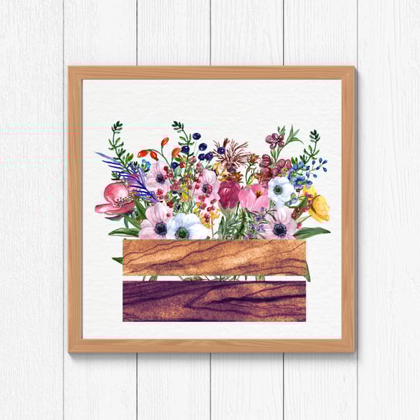 Vintage flower planter wall print, provence wall decor, provence wall art