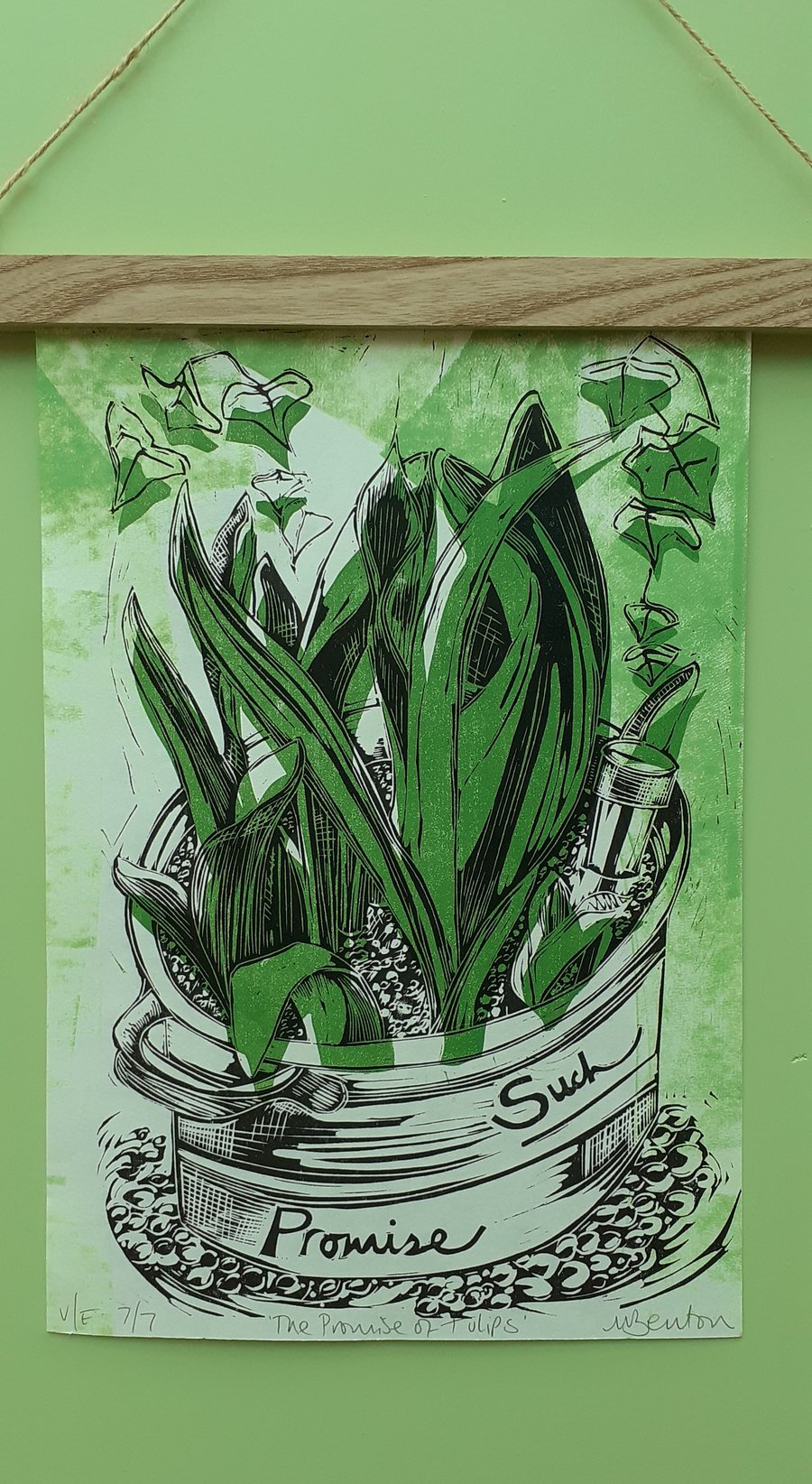 'The Promise of Tulips', Two Block Lino Print over Green (VE no.7 of 7)