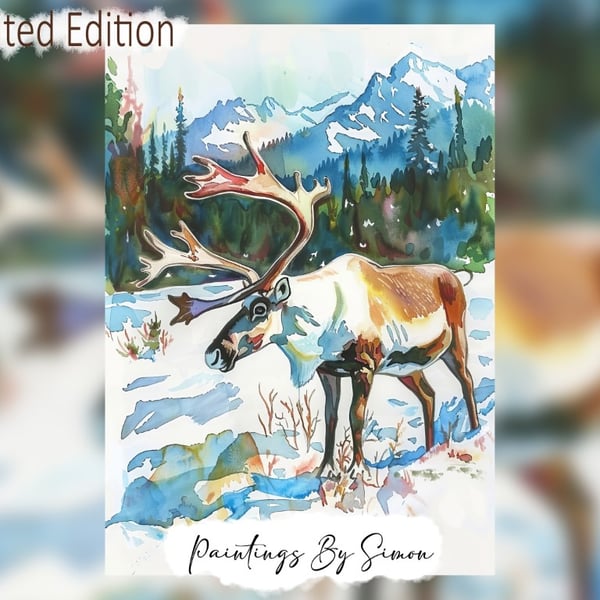 Majestic Reindeer, Watercolor Painting Print 5"x7" on Matte Paper