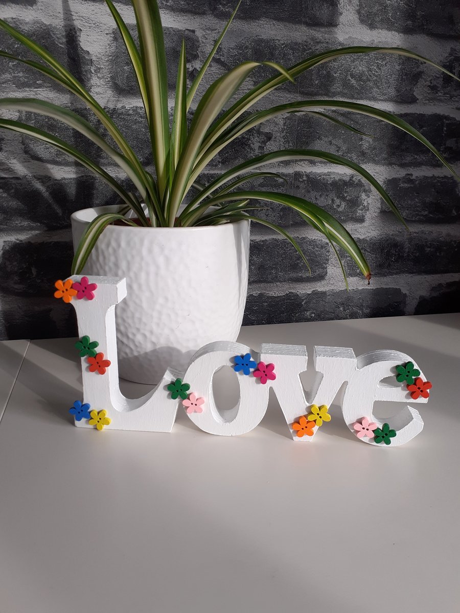 White Love word with flowers, white love word ornament, hand painted love word