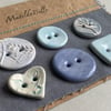 Buttons handmade Mixed set of Six ceramic pastel blue buttons