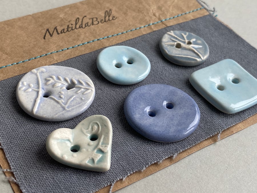 Buttons handmade Mixed set of Six ceramic pastel blue buttons