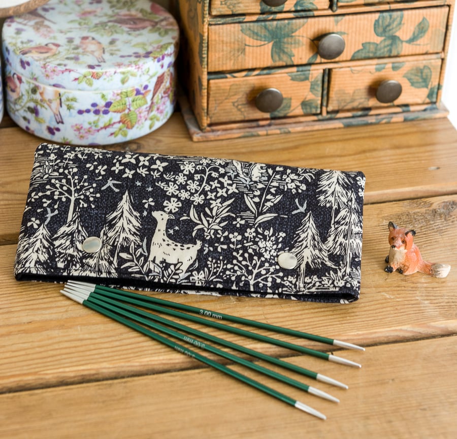 DPN holder, cosy or case made with woodland black, cream and silver fabric