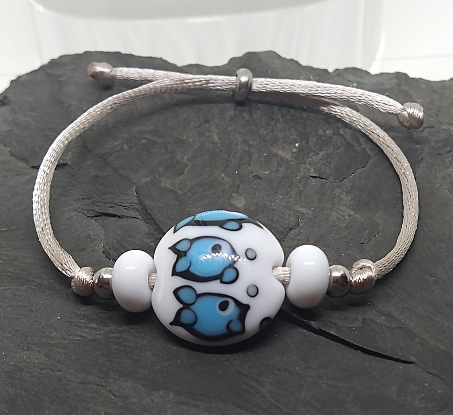 Turquoise fish lentil bead slider bracelet -  Lampwork 