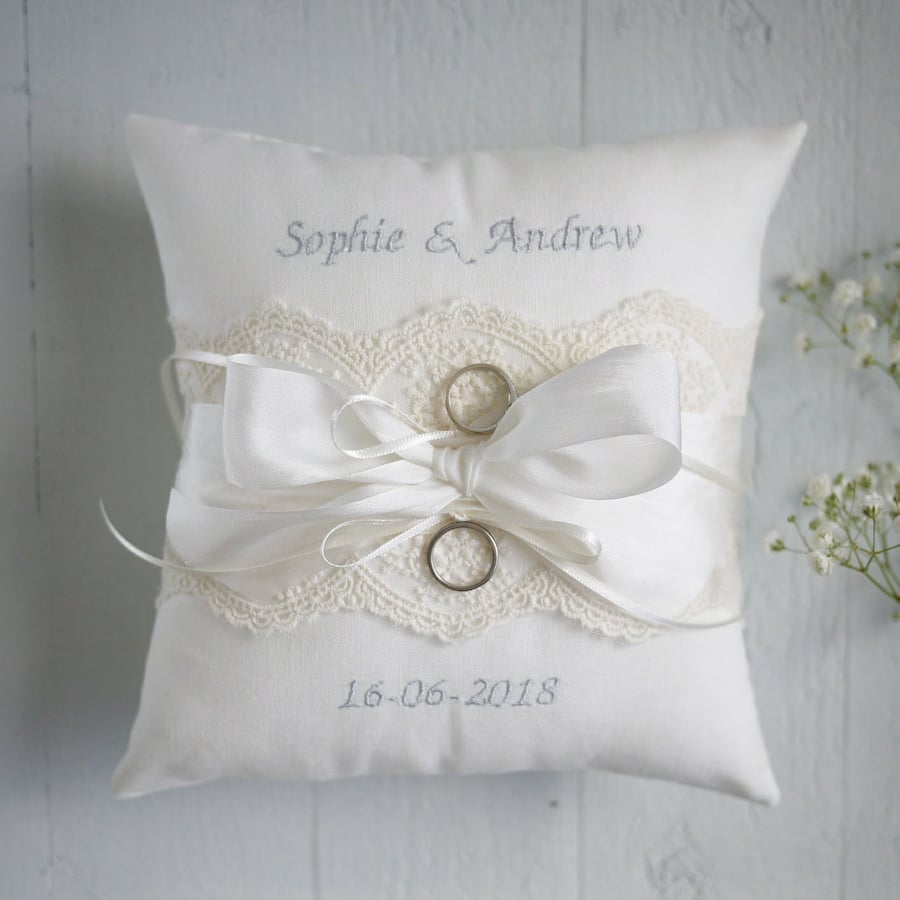 wedding ring pillow, ring bearer pillow, personalised wedding cushion