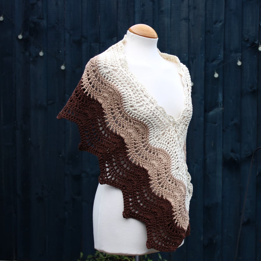 Crochet wrap in cream, beige and brown 100% cotton, wool free - design A193