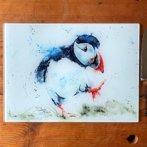 Puffin Billy Glass Chopping Board, Kitchen Worktop Saver, Table Mat, Cutting Mat