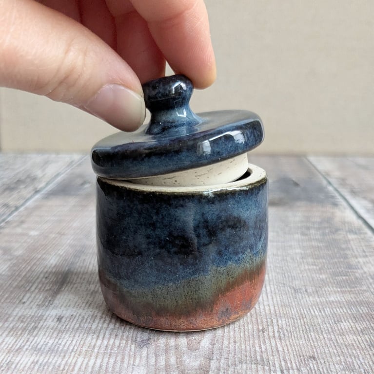 Perfectly imperfect Very small ceramic lidded pot, blue and copper