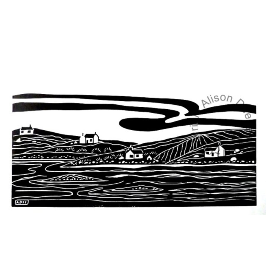 ORIGINAL lino print 'View across Bagh Thiarabhage, Barra' 