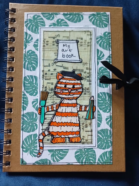 Quirky art A5 hand decorated sketch pad with an original picture of an arty cat