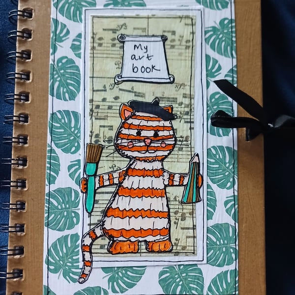 Quirky art A5 hand decorated sketch pad with an original picture of an arty cat