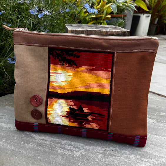 Repurposed sunset tapestry large soft pouch with floral lining