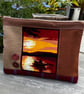 Repurposed sunset tapestry large soft pouch with floral lining