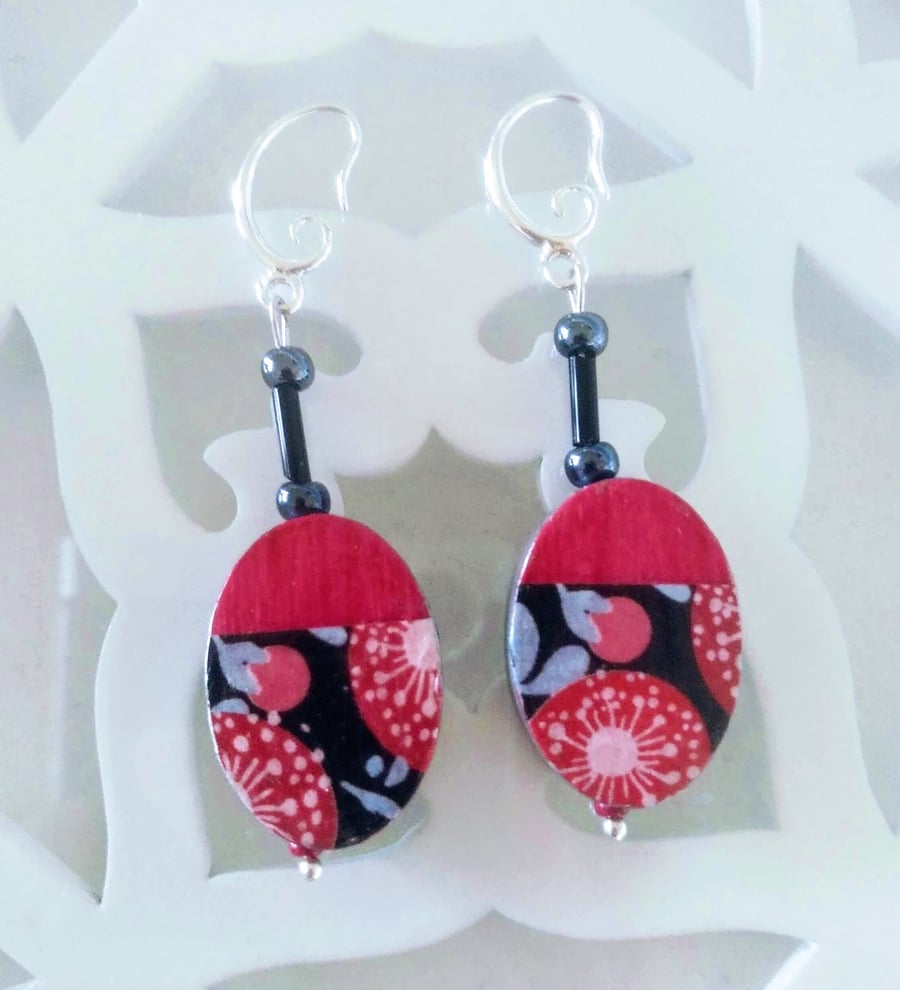 Oval decoupaged wood earrings