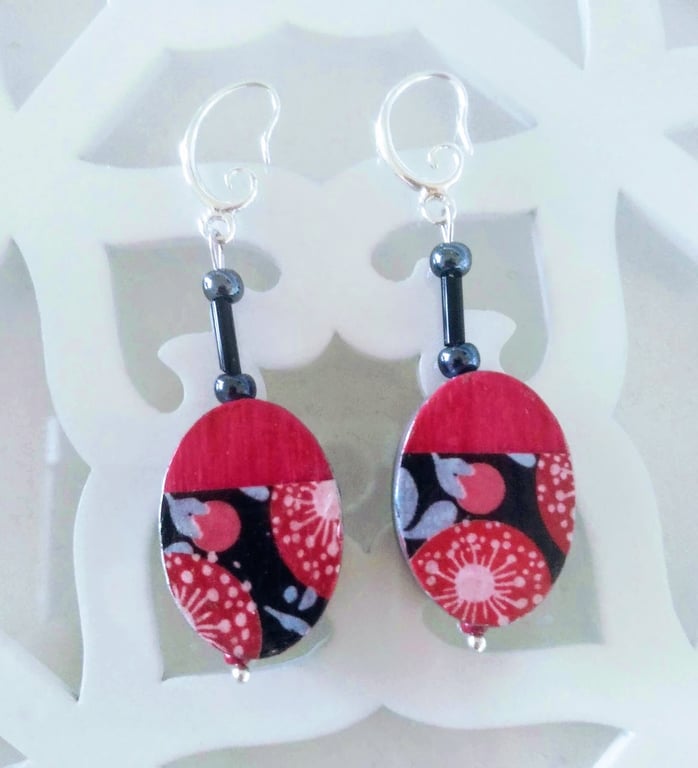 Oval decoupaged wood earrings