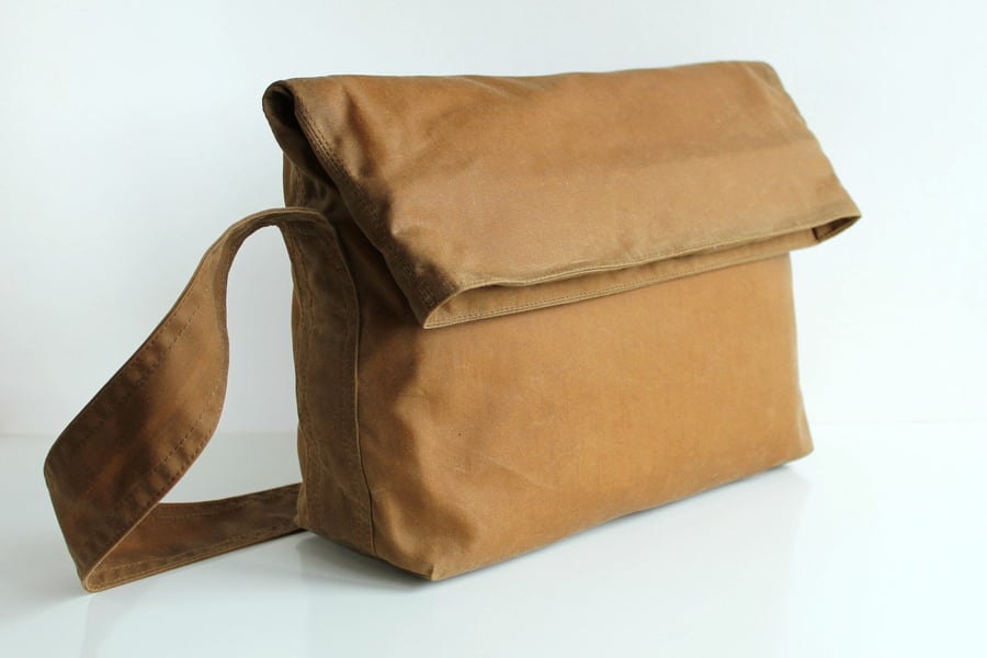 Minimal fold top bag in sand waxed canvas by Minus
