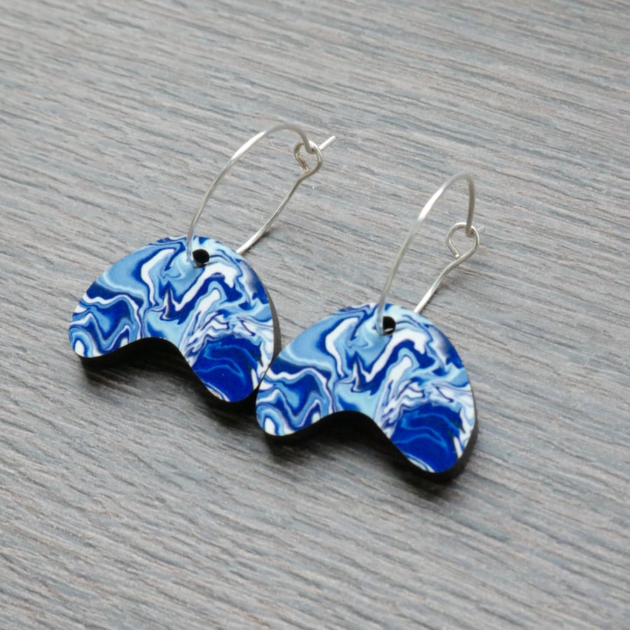 Blue Marble Abstract Pebble Charm Hoop Dangle Earrings