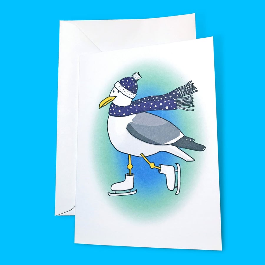 Christmas Ice Skating Seagull Illustration A6 Card