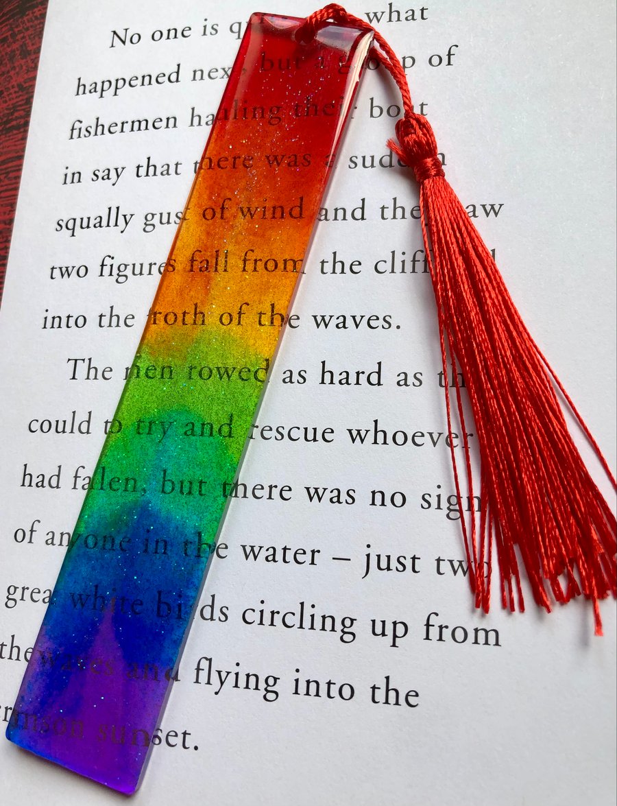 Sparkling Rainbow Resin Bookmark with Red Tassel 
