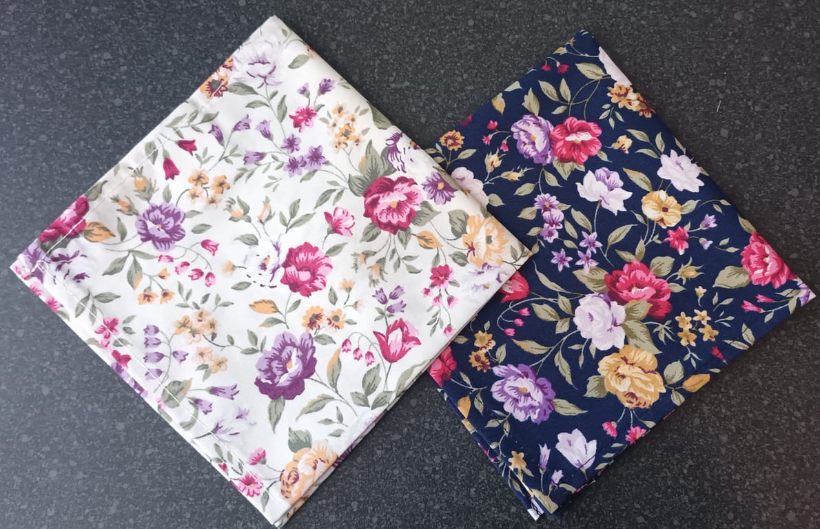 A Pair Of Ladies Floral Cotton Handkerchiefs, Blue And Cream. 