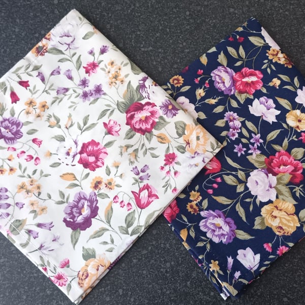 A Pair Of Ladies Floral Cotton Handkerchiefs, Blue And Cream. 