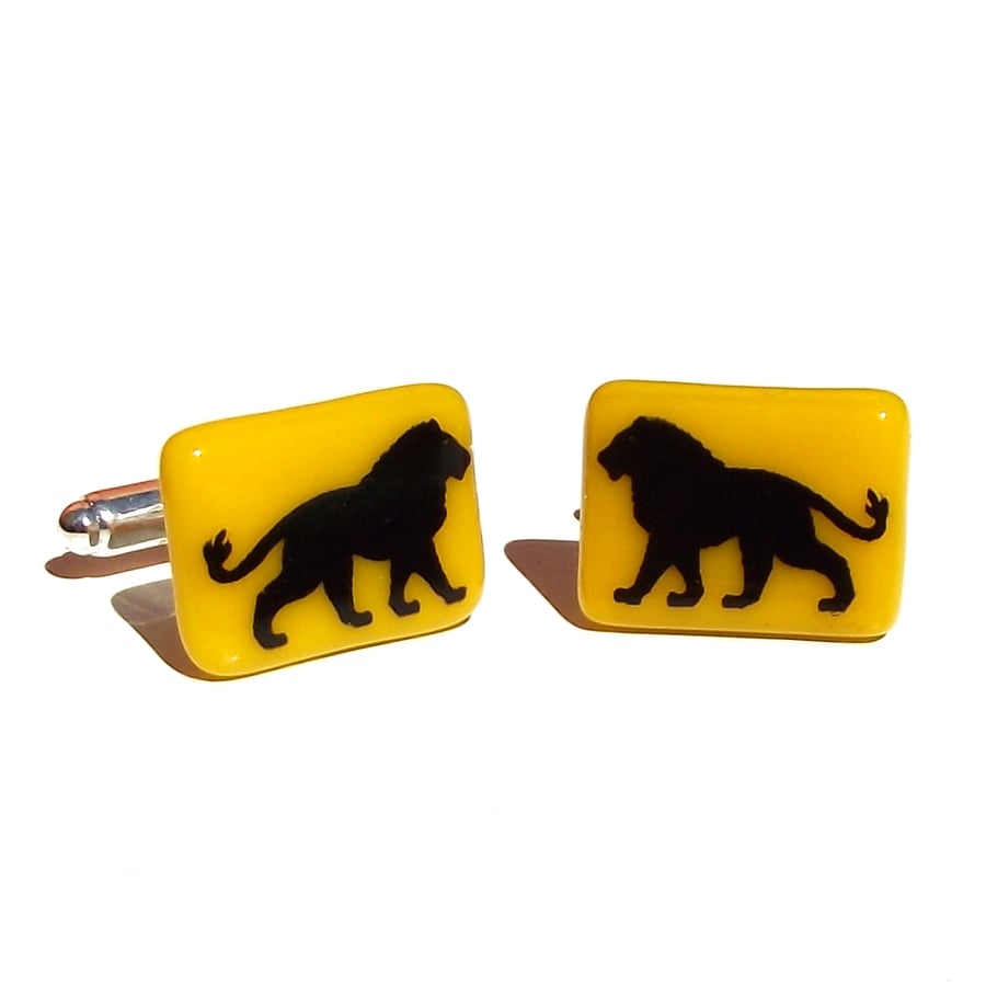 Lion Cuff Links Fused Glass with Screen Printed Kiln Fired Enamel