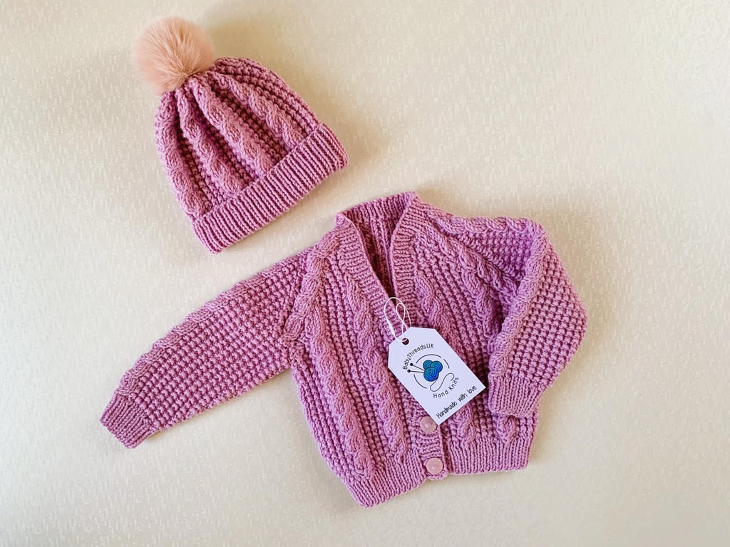 Merino Wool Baby Cardigan, Hand Knitted, Matching Hat, Natural and Breathable