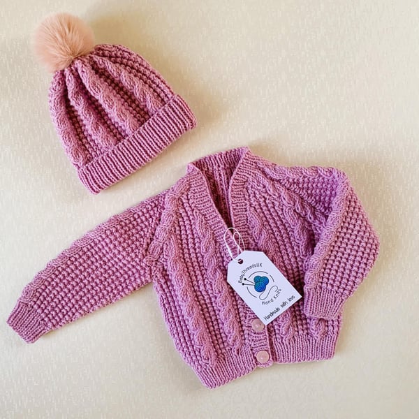 Merino Wool Baby Cardigan, Hand Knitted, Matching Hat, Natural and Breathable