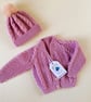 Merino Wool Baby Cardigan, Hand Knitted, Matching Hat, Natural and Breathable