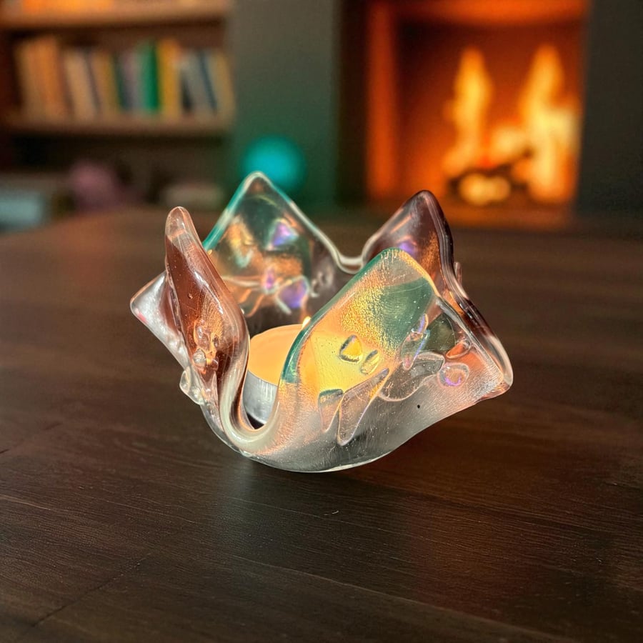 Handmade unique fused glass Tealight holder 