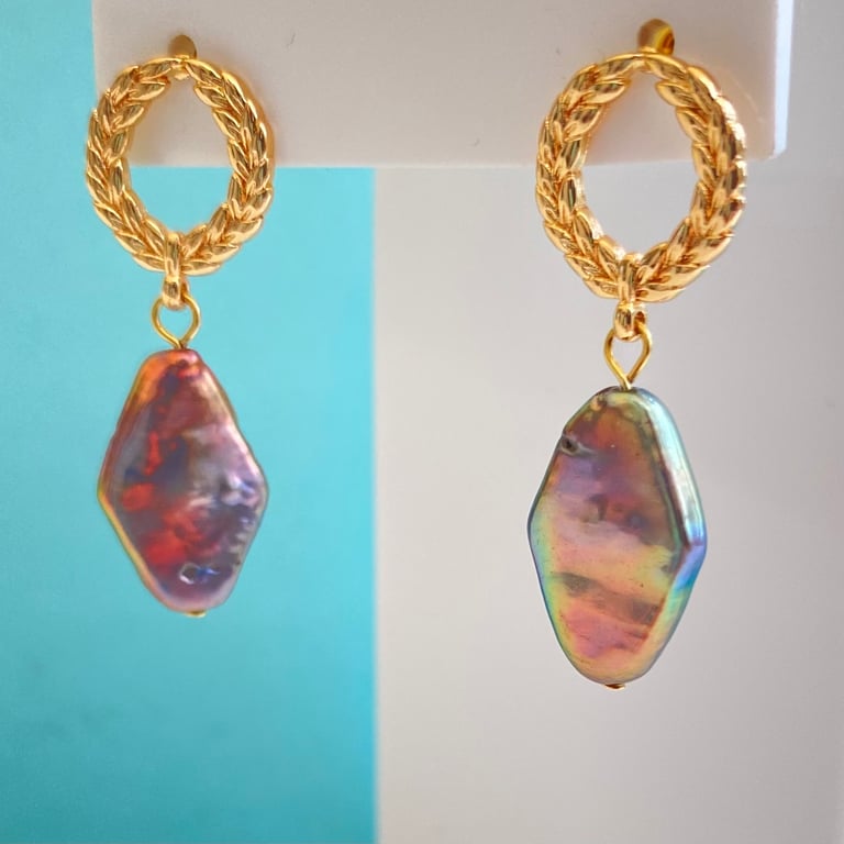 Metalic Blue Freshwater Pearl  Gold Plated Earrings