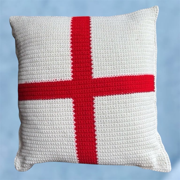 Handmade Crochet Cushion Cover with Pad - England Flag St George's Cross 16x16"