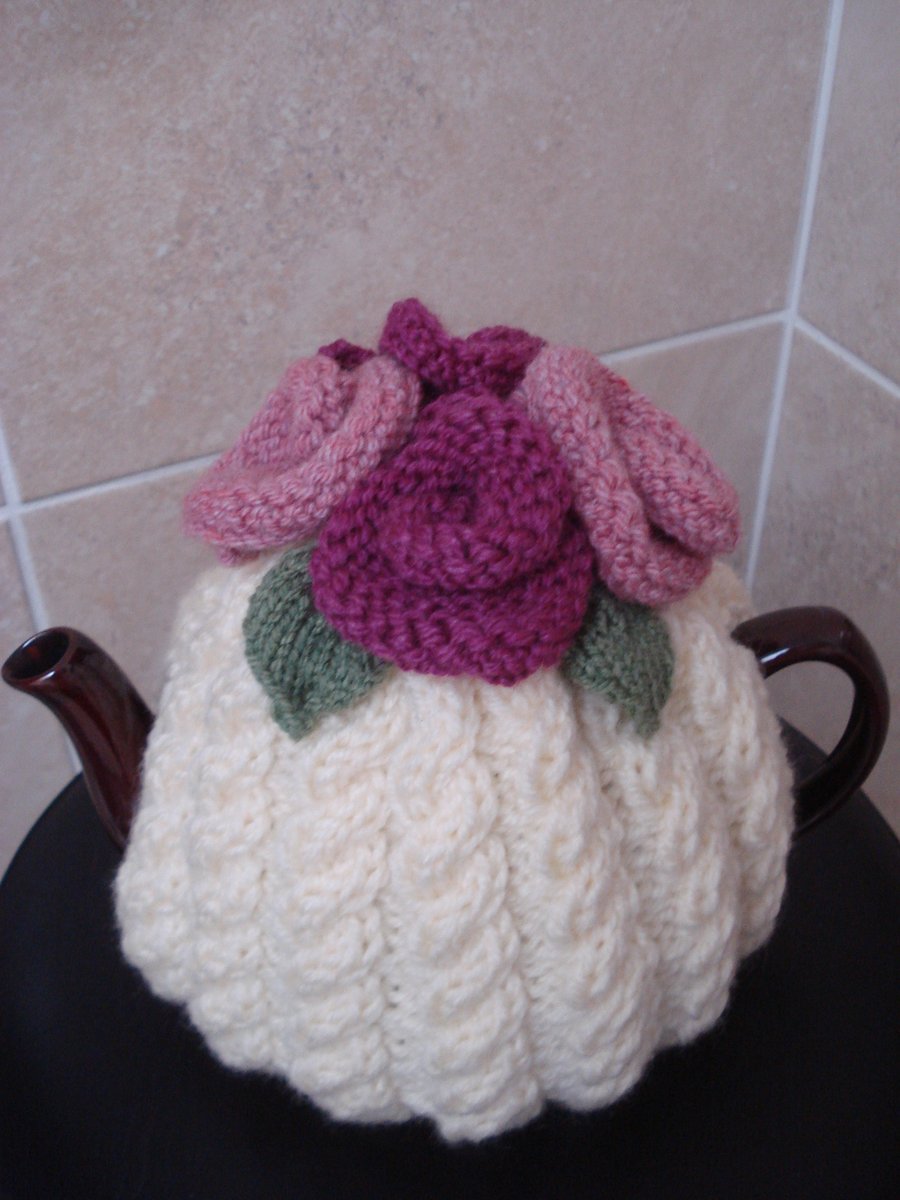 Hand Knitted Cream Cable With Roses And Leaves 4-6 Cup Tea Cosy