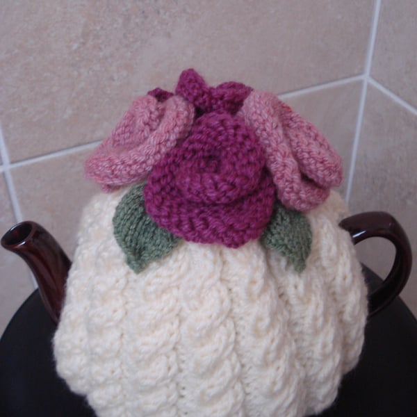 Hand Knitted Cream Cable With Roses And Leaves 4-6 Cup Tea Cosy