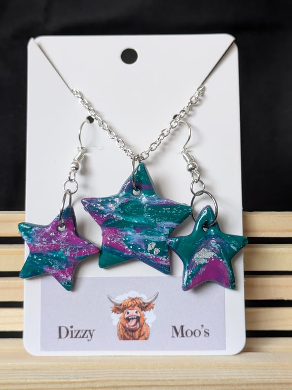 Star necklace and earrings set. Green and purple marble effect. 